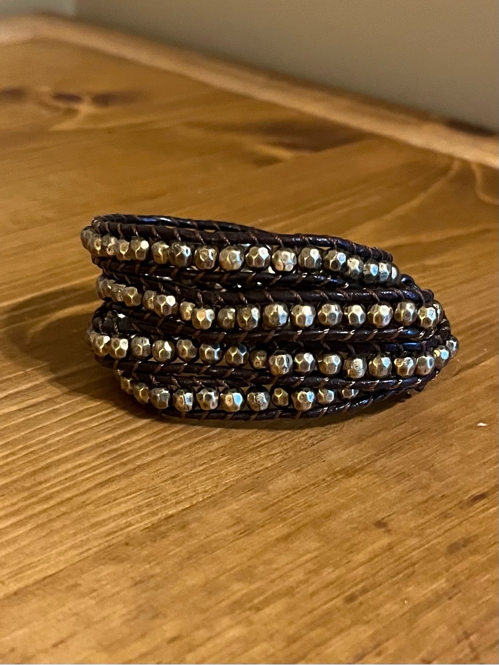 Brown leather wrap bracelet with gold tone hammered beads 2 hole adjustable 27”
